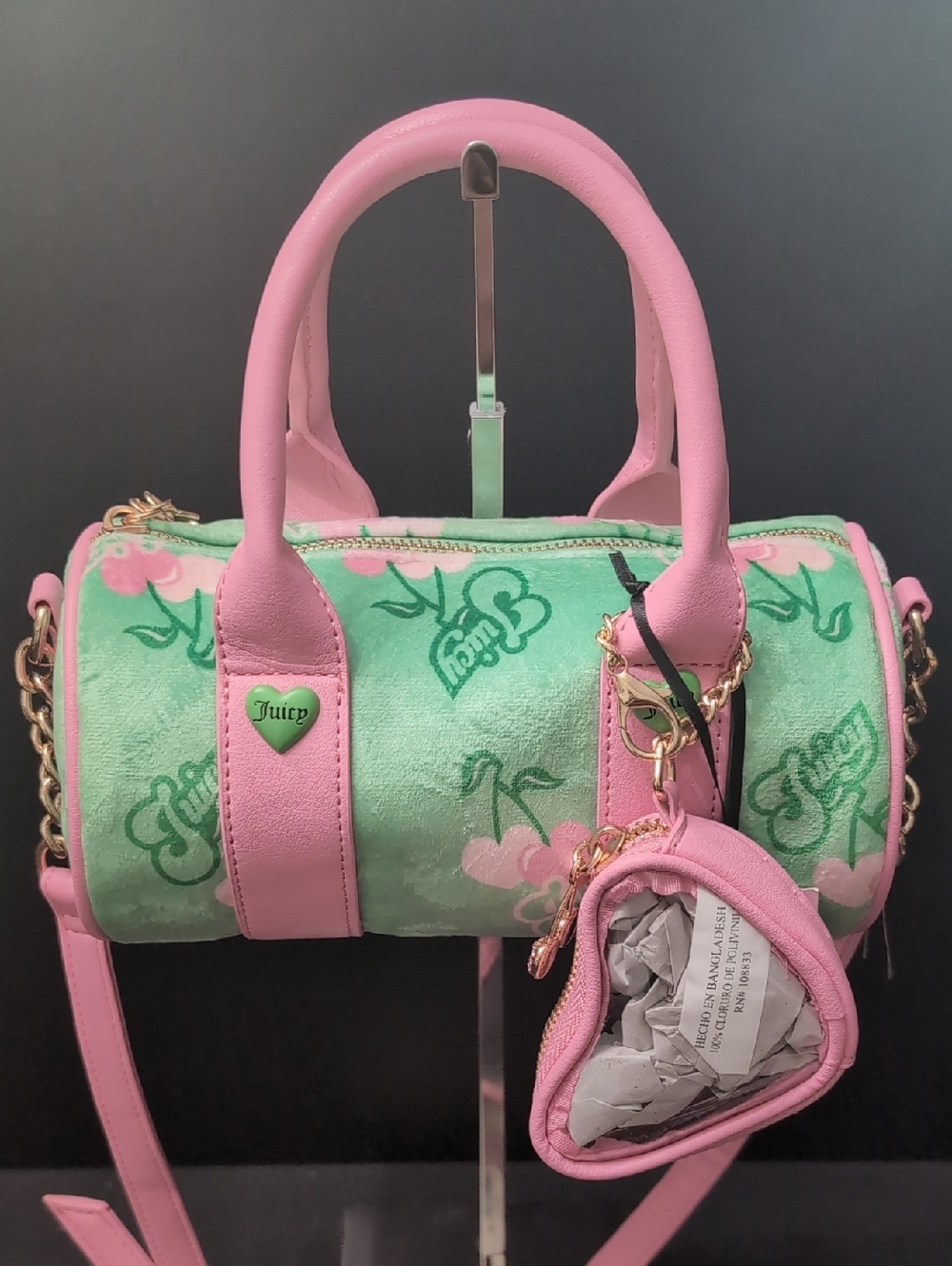 NWT,Juicy Couture 'Retro Juicy Cherry's Green/Pink Mini Barrel Bag. - Picture 2 of 14